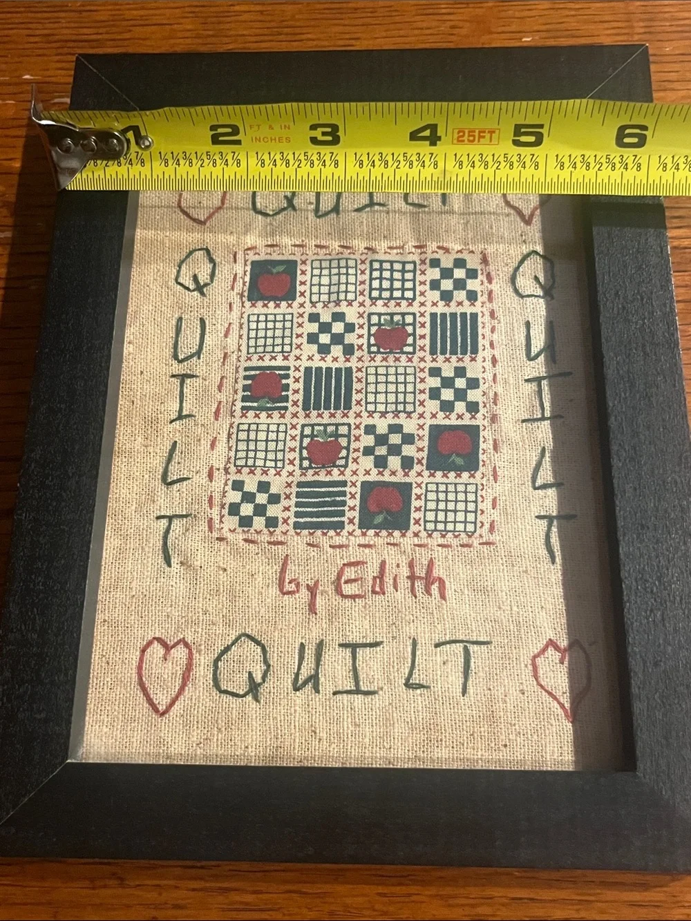 Framed Embroidered Quilt Wall Tapestry in Beige, Blue & Red